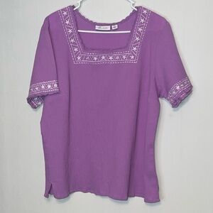 D&Co Womens Size 2X Embroidered Square Neck Short Sleeve Crinkle.